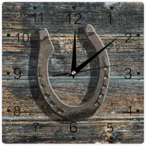 Rustic Blue Black Board Horseshoe Rustic Wall Clock Good Luck Horseshoe Wooden Square Clocks Wall Decor 12Inch Battery Operated Home Decorative Silent Clock for Living Room