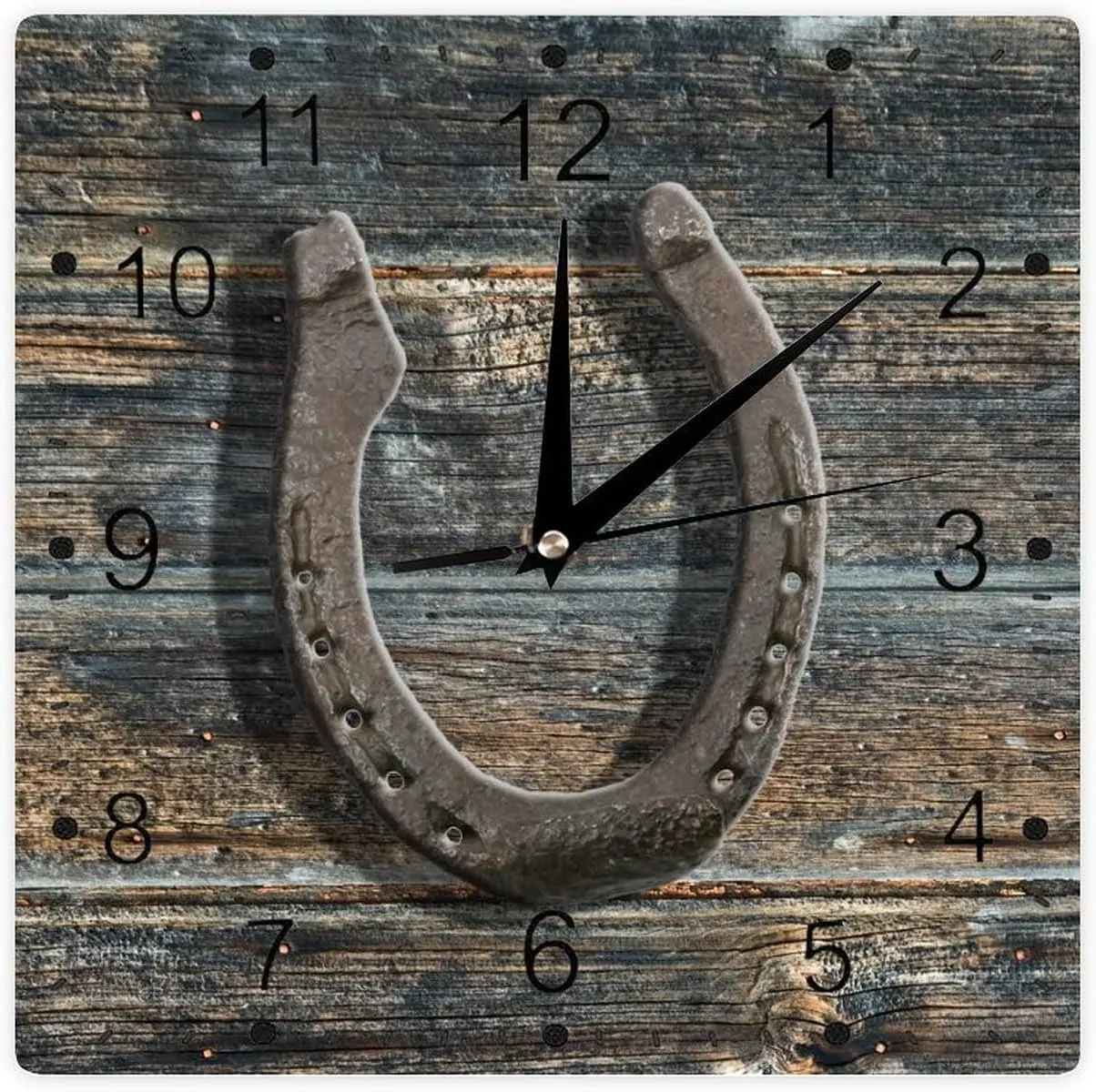 Rustic Blue Black Board Horseshoe Rustic Wall Clock Good Luck Horseshoe Wooden Square Clocks Wall Decor 12Inch Battery Operated Home Decorative Silent Clock for Living Room