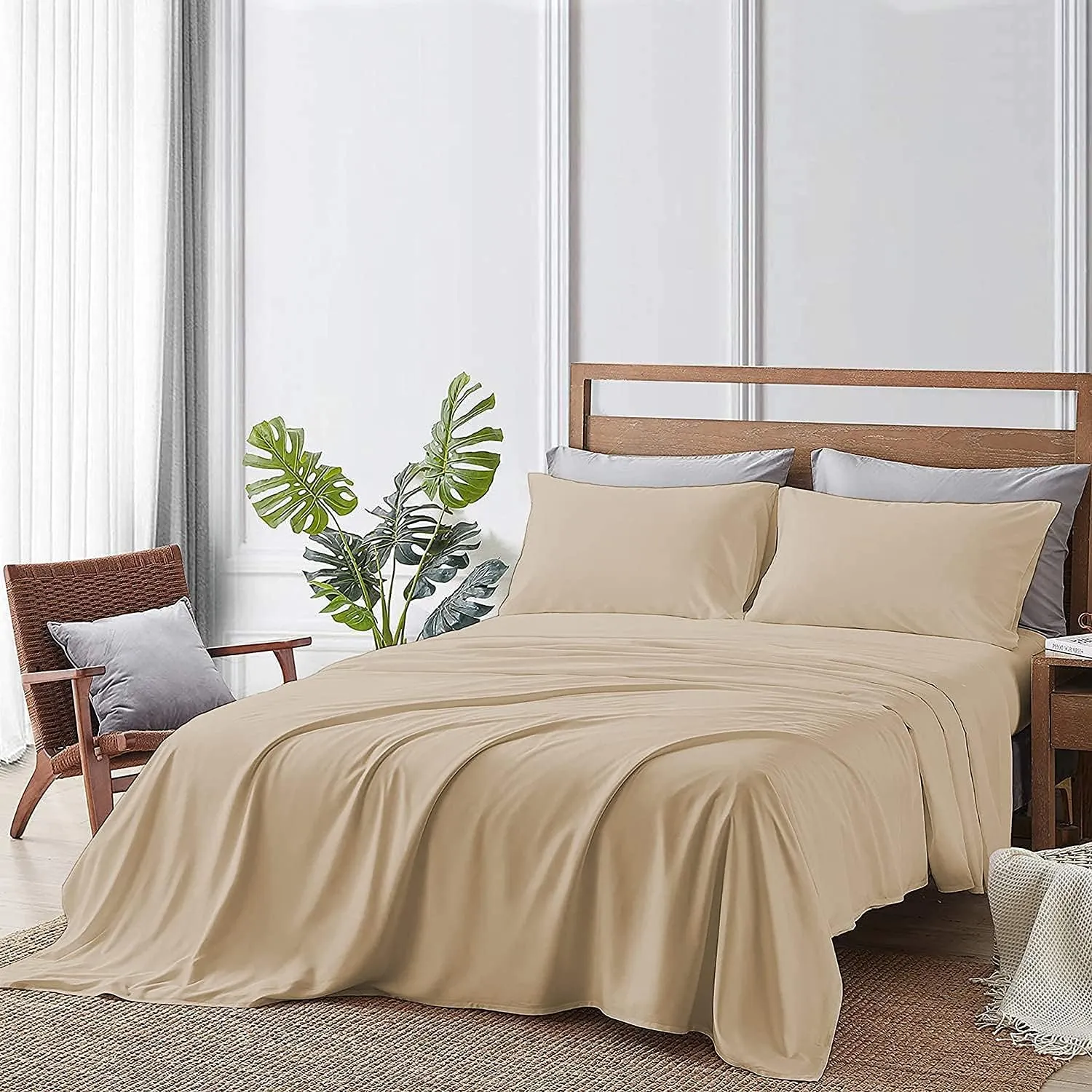RV Short Queen Bed in a Bag - 8 Piece 600 Thread Count Comforter Set 500 GSM with 9" Deep Pocket Sheet Set and Bed Skirt 100% Egyptian Cotton - Hotel Luxury Set - Beige Solid
