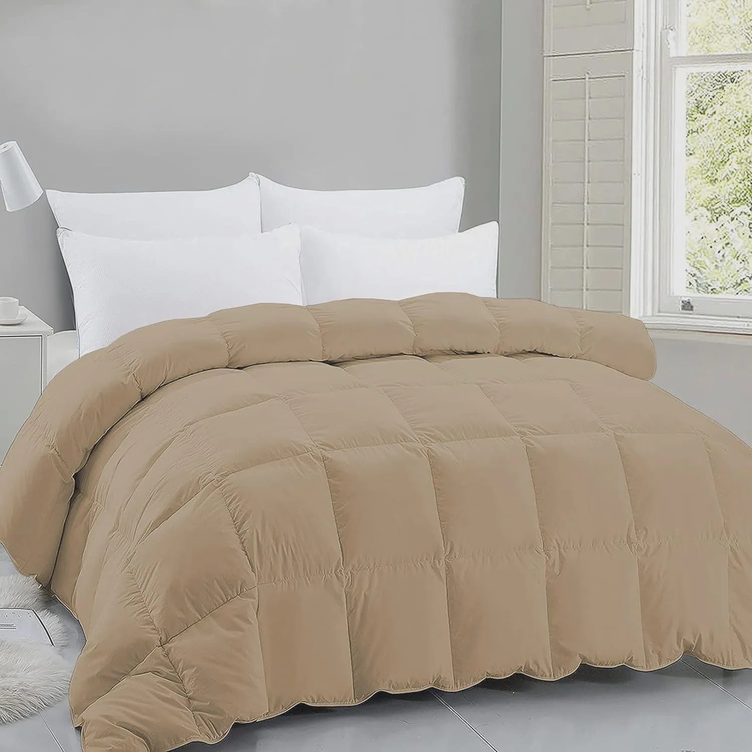 RV Short Queen Bed in a Bag - 8 Piece 600 Thread Count Comforter Set 500 GSM with 9" Deep Pocket Sheet Set and Bed Skirt 100% Egyptian Cotton - Hotel Luxury Set - Beige Solid