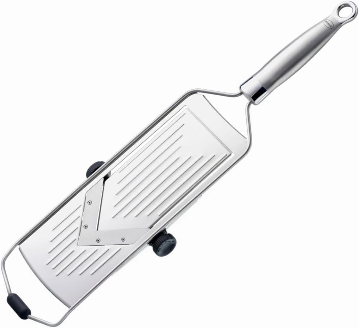 RÖSLE Supercut Slicer, V-Shaped Mandolin Slicer, 18/10 Stainless Steel Kitchen Utensil with 5 Cutting Thicknesses, Silicone Foot and Protective Cover for Vegetables or Fruits - 46cm