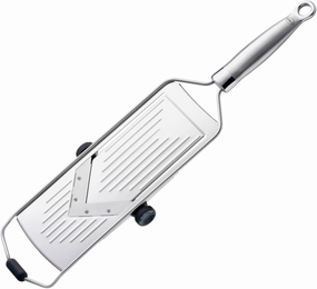 RÖSLE Supercut Slicer, V-Shaped Mandolin Slicer, 18/10 Stainless Steel Kitchen Utensil with 5 Cutting Thicknesses, Silicone Foot and Protective Cover for Vegetables or Fruits - 46cm