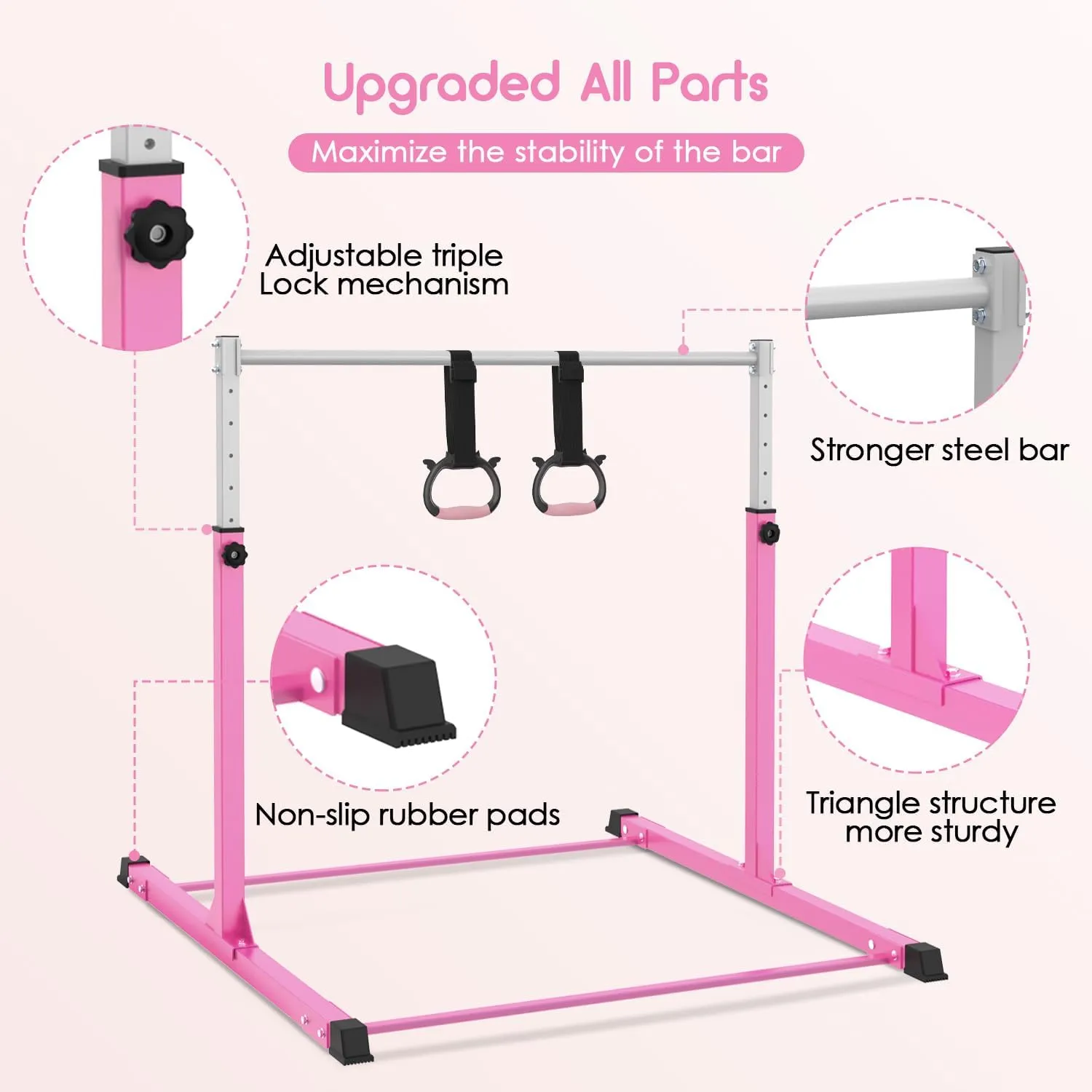 Safly Fun Gymnastics Bar for Kids Ages 3-15 for Home - Steady Steel Construction, Anti-Slip, Easy to Assemble, 3' to 5' Adjustable Height