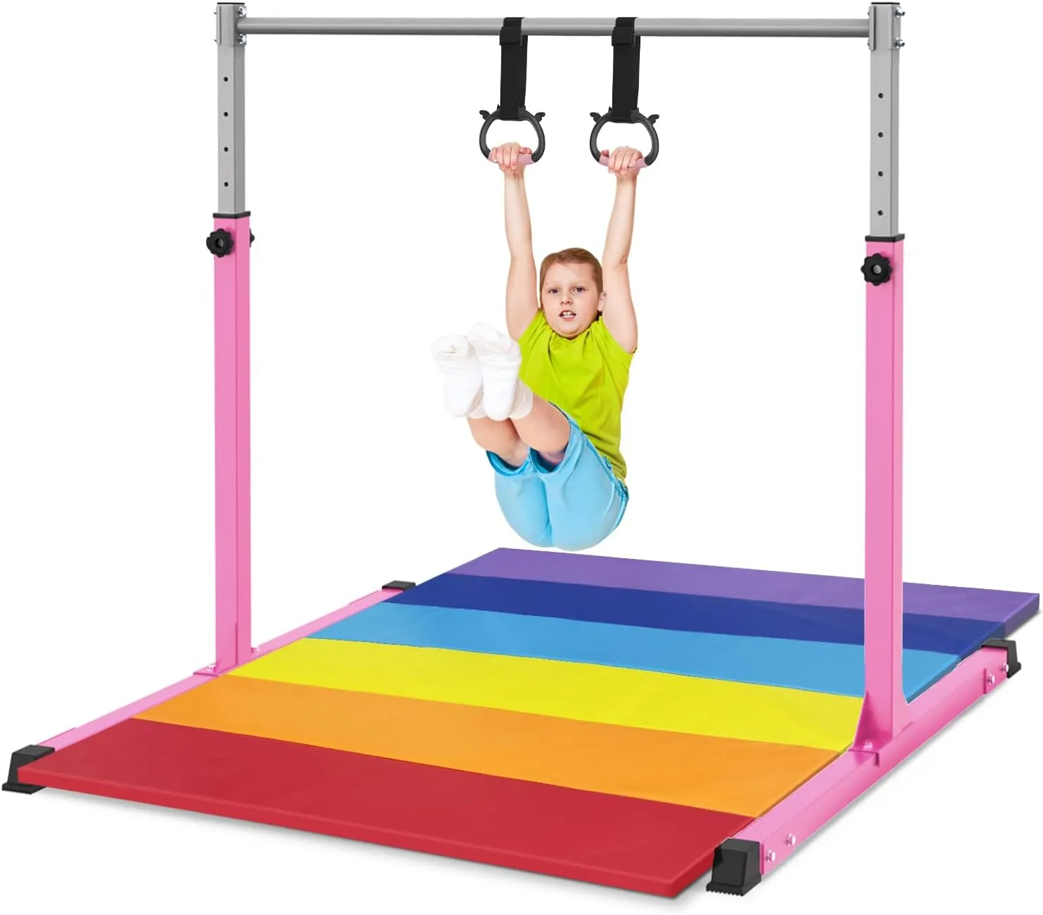 Safly Fun Gymnastics Bar for Kids Ages 3-15 for Home - Steady Steel Construction, Anti-Slip, Easy to Assemble, 3' to 5' Adjustable Height
