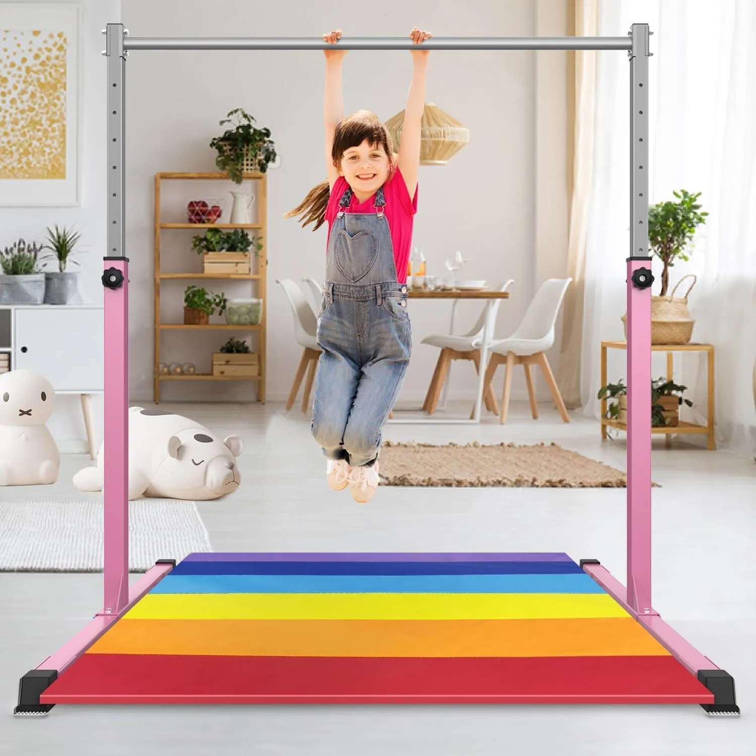 Safly Fun Gymnastics Bar for Kids Ages 3-15 for Home - Steady Steel Construction, Anti-Slip, Easy to Assemble, 3' to 5' Adjustable Height