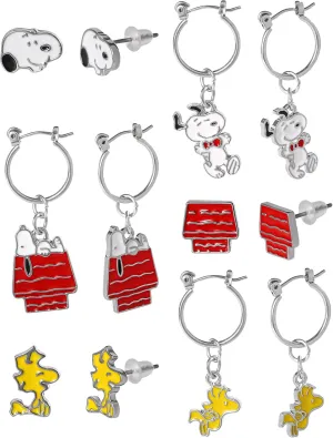 SALLY ROSE Peanuts Woodstock and Snoopy Earrings Pack of 6 Pairs Official License, Enamel-Plated Studs and Hoops with Dangle Charm