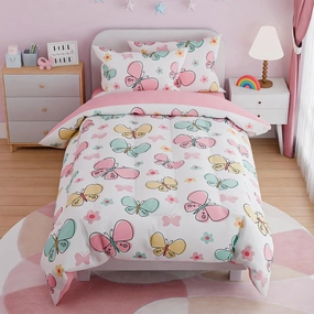 SANDJEST Butterfly Full Bedding Sets for Girls, Ultra Soft Microfiber Comforter Set with 4-Pieces, Bed Sets for Kid Tween Teen Bedroom Decor