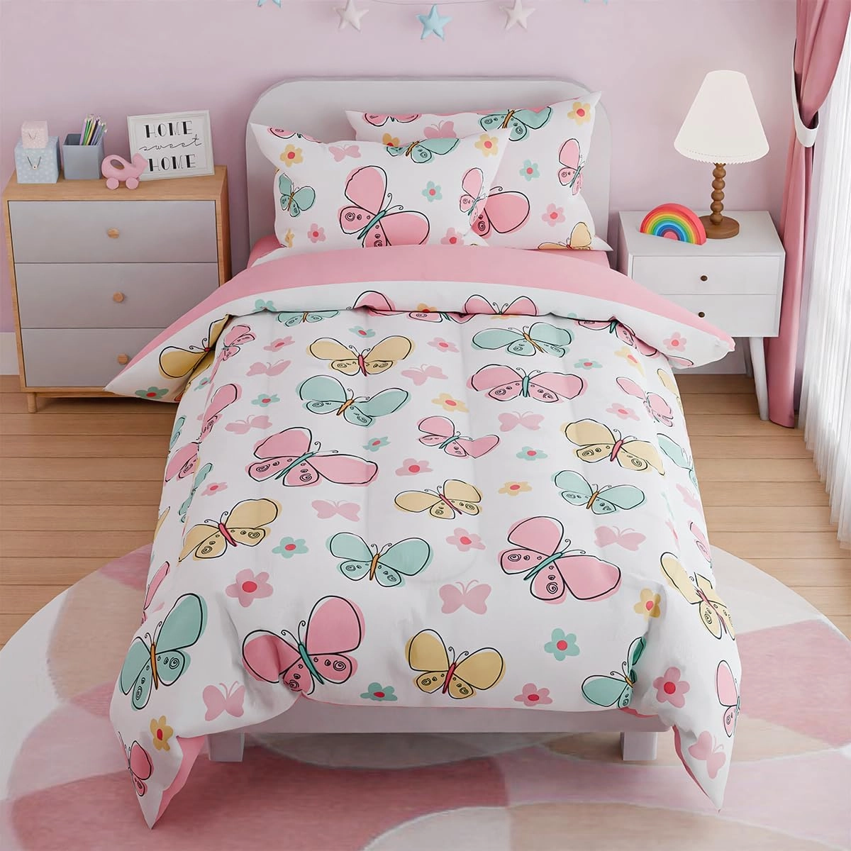 SANDJEST Butterfly Full Bedding Sets for Girls, Ultra Soft Microfiber Comforter Set with 4-Pieces, Bed Sets for Kid Tween Teen Bedroom Decor