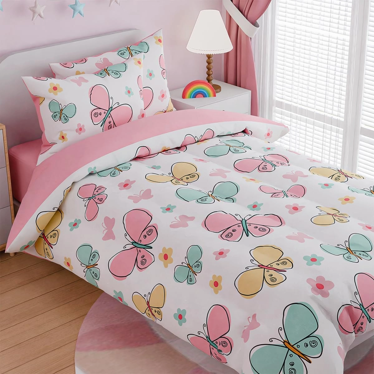 SANDJEST Butterfly Full Bedding Sets for Girls, Ultra Soft Microfiber Comforter Set with 4-Pieces, Bed Sets for Kid Tween Teen Bedroom Decor