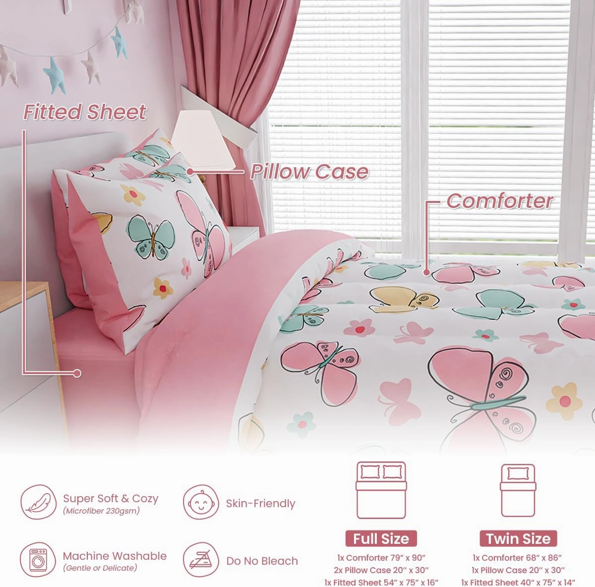 SANDJEST Butterfly Full Bedding Sets for Girls, Ultra Soft Microfiber Comforter Set with 4-Pieces, Bed Sets for Kid Tween Teen Bedroom Decor