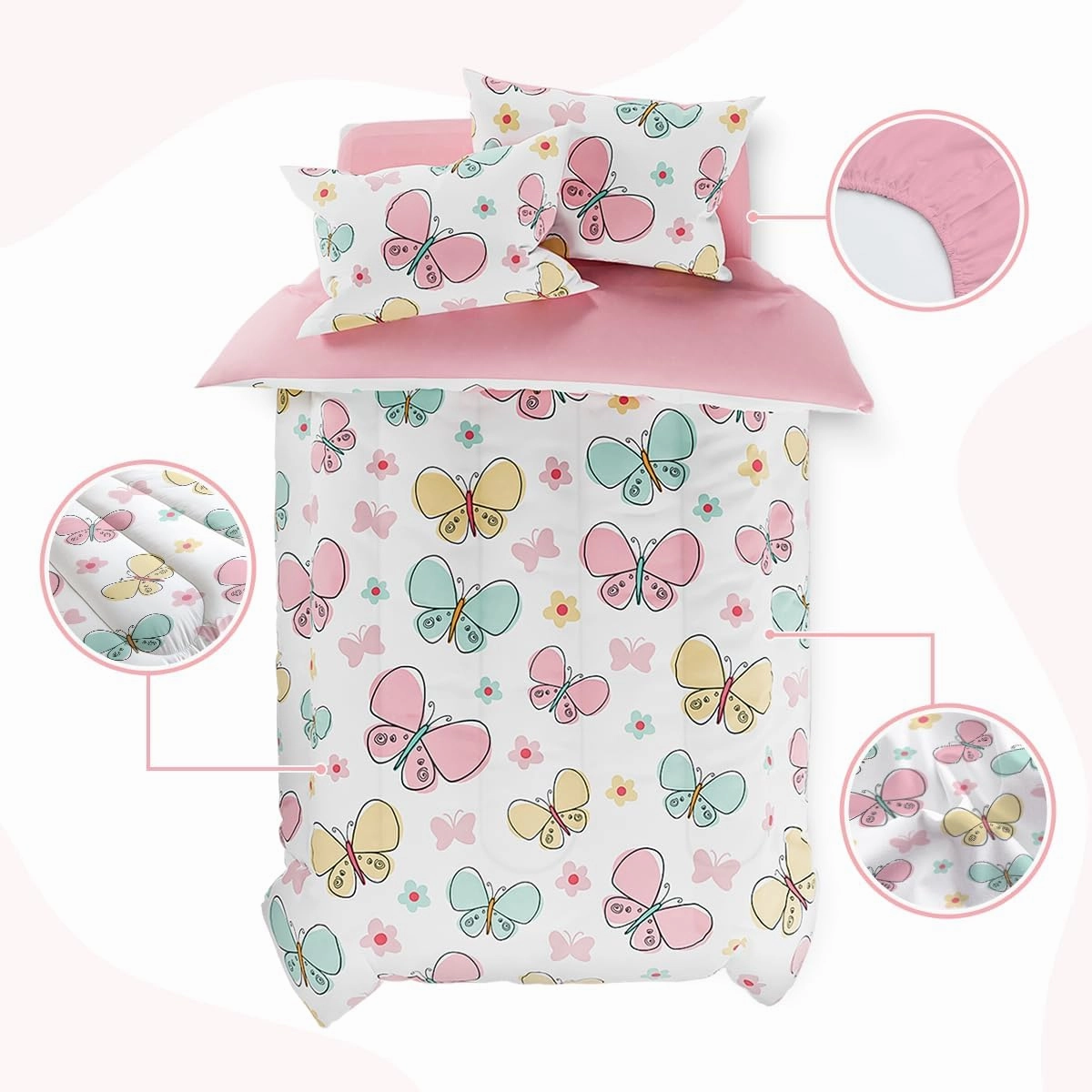 SANDJEST Butterfly Full Bedding Sets for Girls, Ultra Soft Microfiber Comforter Set with 4-Pieces, Bed Sets for Kid Tween Teen Bedroom Decor