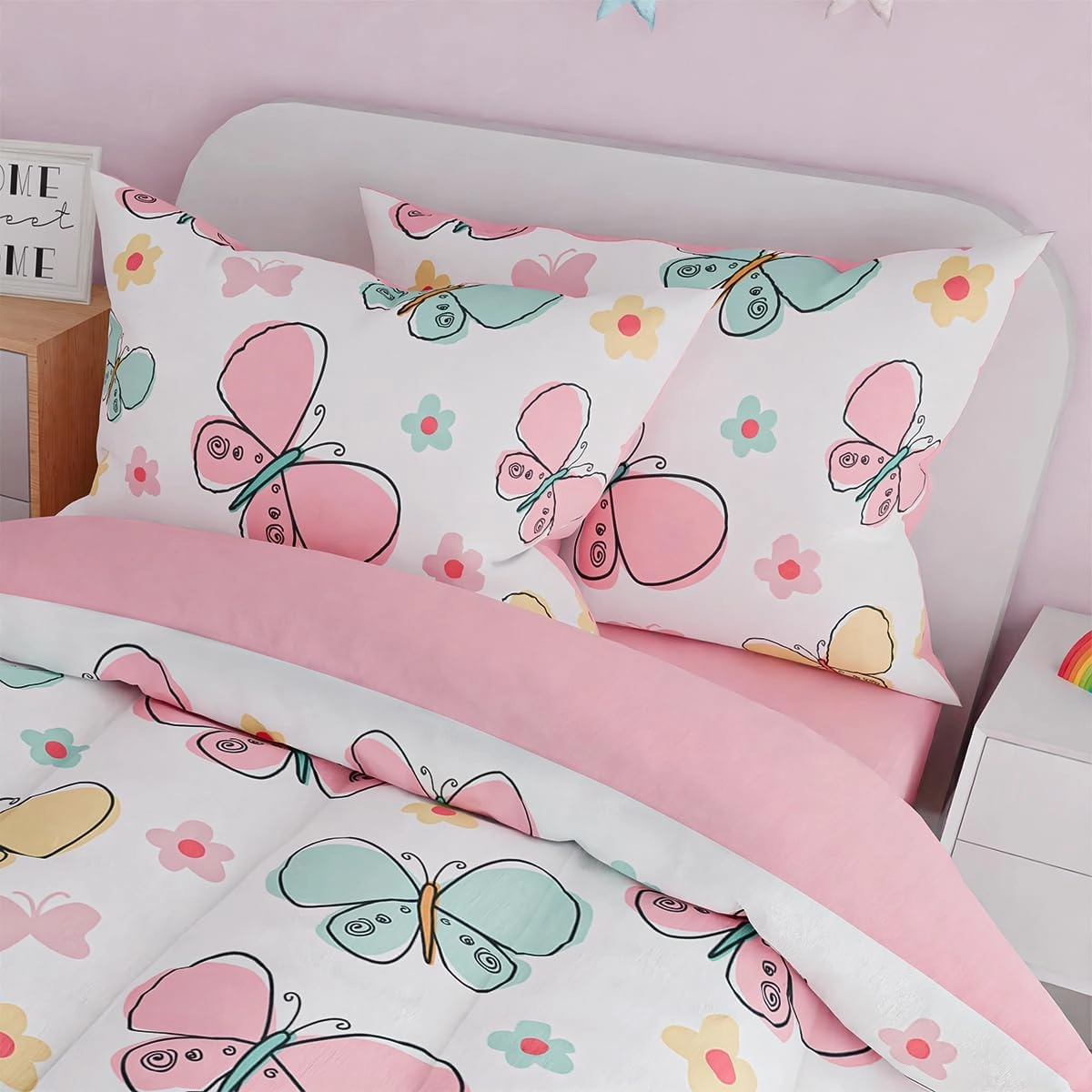 SANDJEST Butterfly Full Bedding Sets for Girls, Ultra Soft Microfiber Comforter Set with 4-Pieces, Bed Sets for Kid Tween Teen Bedroom Decor
