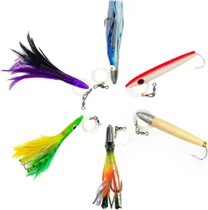 Sanhu Cedar Plug Tuna Trolling Lure Kit – 6-Pack with 5" Mylar Jet, 4" Cedar Plug, 4.5" Tuna Clone, and Lure Bag