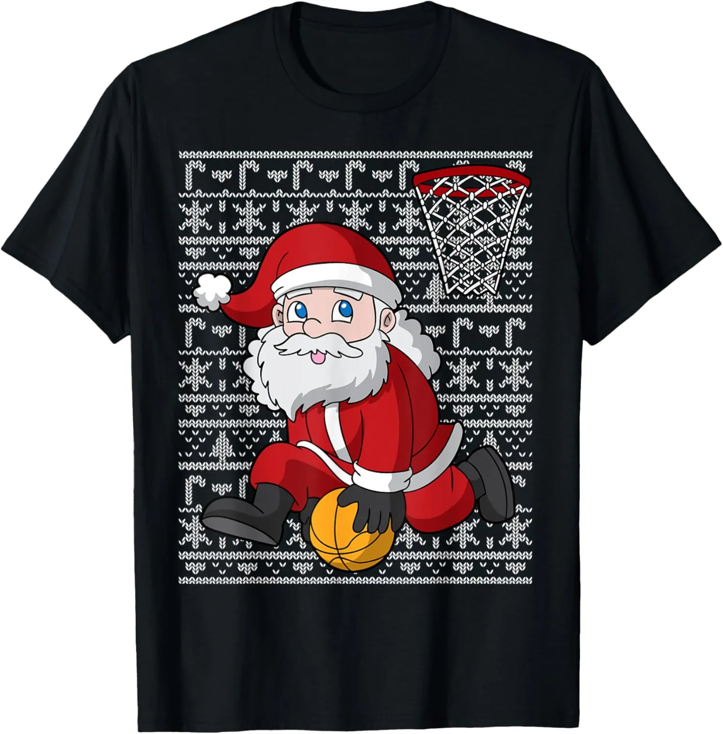 Santa Claus Basketball Dunk Ugly Christmas Sweater Pattern T-Shirt