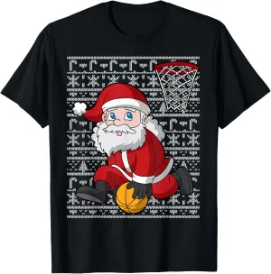 Santa Claus Basketball Dunk Ugly Christmas Sweater Pattern T-Shirt