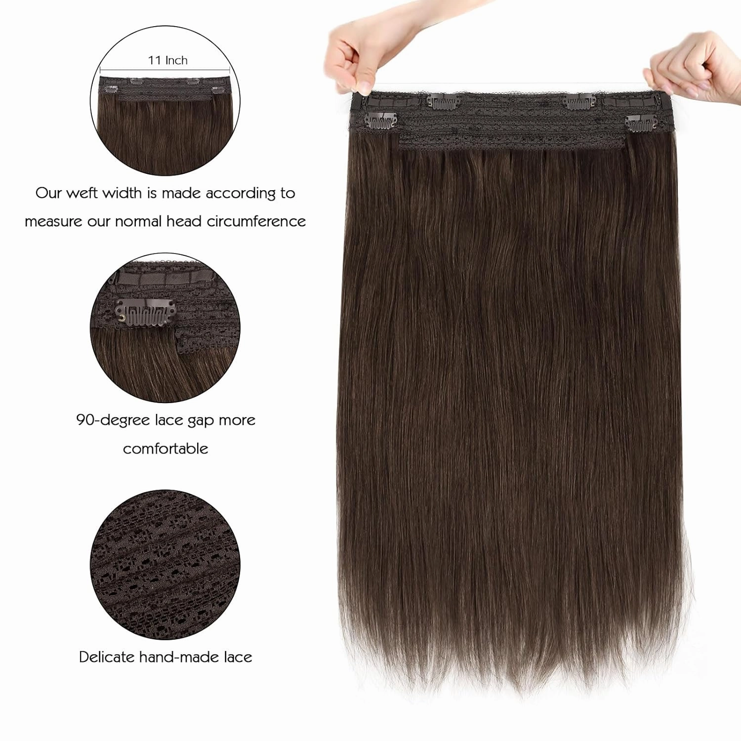 Sassina Invisible Wire Hair Extensions Real Human Hair with Transparent Wire Adjustable Size Secure Clips Natural Straight Secret Miracle Hairpiece, #2 Dark Brown 12 Inch 70 Gram