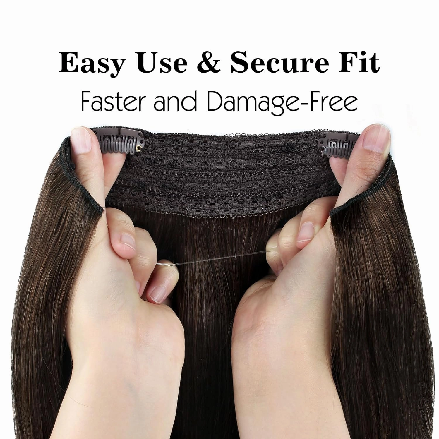 Sassina Invisible Wire Hair Extensions Real Human Hair with Transparent Wire Adjustable Size Secure Clips Natural Straight Secret Miracle Hairpiece, #2 Dark Brown 12 Inch 70 Gram