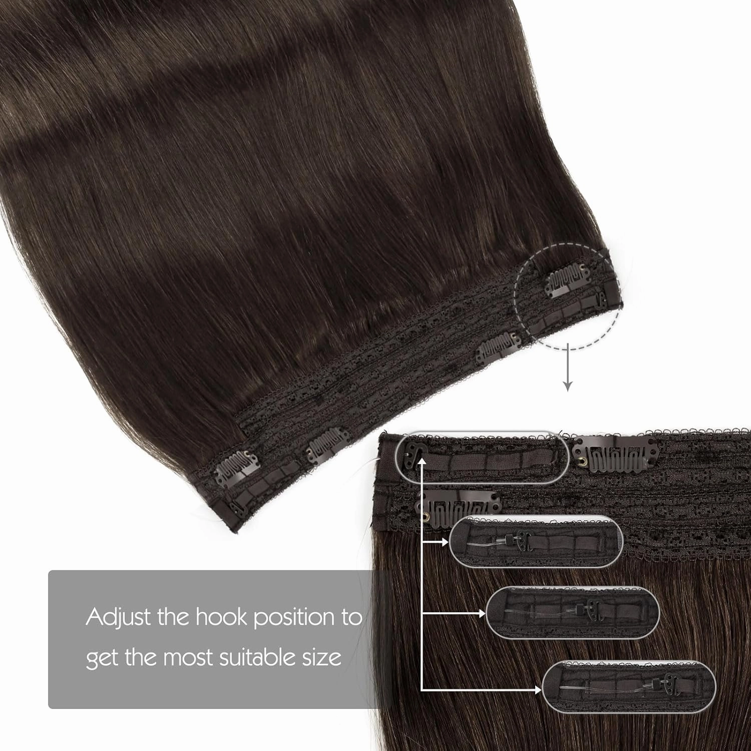 Sassina Invisible Wire Hair Extensions Real Human Hair with Transparent Wire Adjustable Size Secure Clips Natural Straight Secret Miracle Hairpiece, #2 Dark Brown 12 Inch 70 Gram