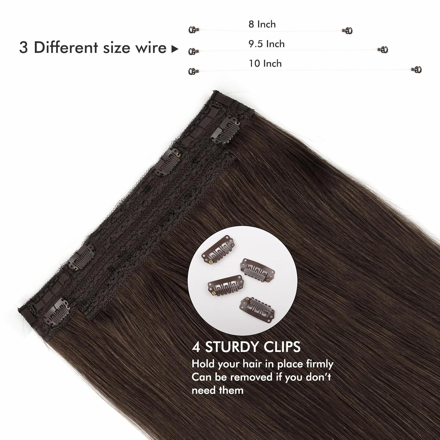 Sassina Invisible Wire Hair Extensions Real Human Hair with Transparent Wire Adjustable Size Secure Clips Natural Straight Secret Miracle Hairpiece, #2 Dark Brown 12 Inch 70 Gram