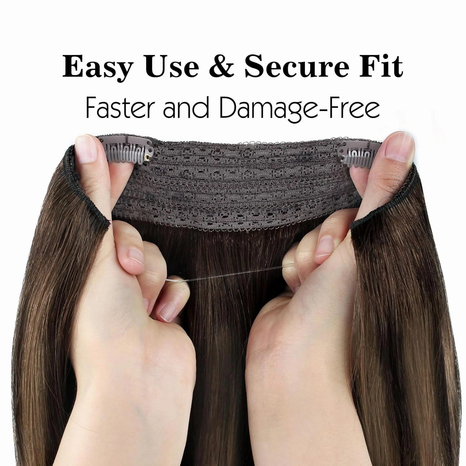 Sassina Invisible Wire Hair Extensions Real Human Hair with Transparent Wire Adjustable Size Secure Clips Natural Straight Secret Miracle Hairpiece, Balayage 2-6 16 Inch 80 Gram