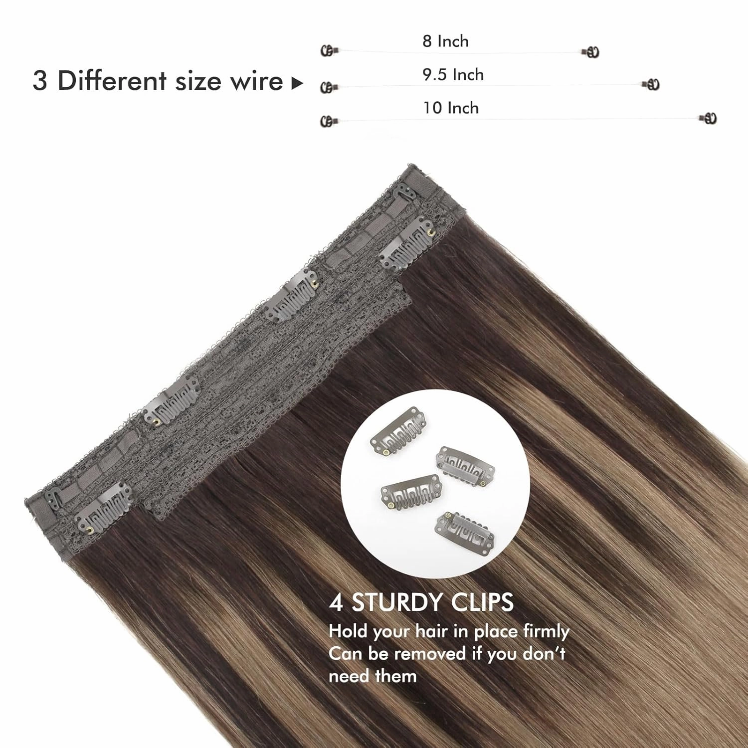 Sassina Invisible Wire Hair Extensions Real Human Hair with Transparent Wire Adjustable Size Secure Clips Natural Straight Secret Miracle Hairpiece, Balayage 2-6 16 Inch 80 Gram