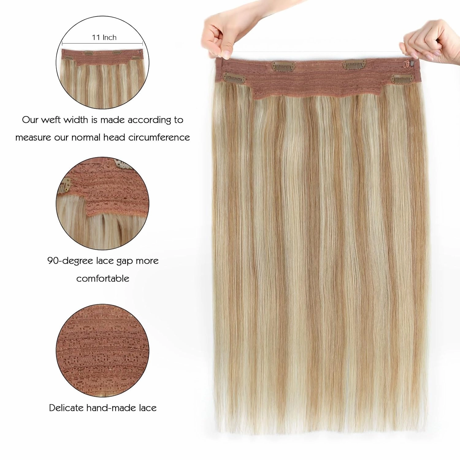 Sassina Invisible Wire Hair Extensions Real Human Hair with Transparent Wire Adjustable Size Secure Clips Natural Straight Secret Miracle Hairpiece, Highlight P8-60 16 Inch 80 Gram