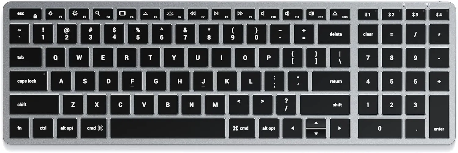 Satechi Slim X2 Bluetooth Backlit Keyboard With Numeric Keypad Illuminated Keys & Multi-Device Sync for M2/M1 MacBook Pro/Air, iPad Pro/Air, Mac Mini, iMac (Space Gray)