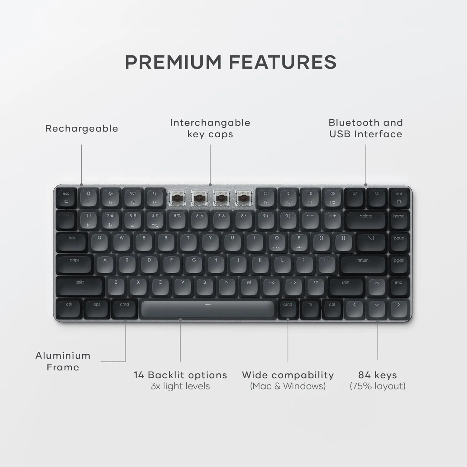 Satechi SM1 75% Mechanical Keyboard, LED Backlit Bluetooth Keyboard, 84 Keys Compact Wireless Key Board, Gaming Key Board for Mac and Windows - Dark Gray/Gray