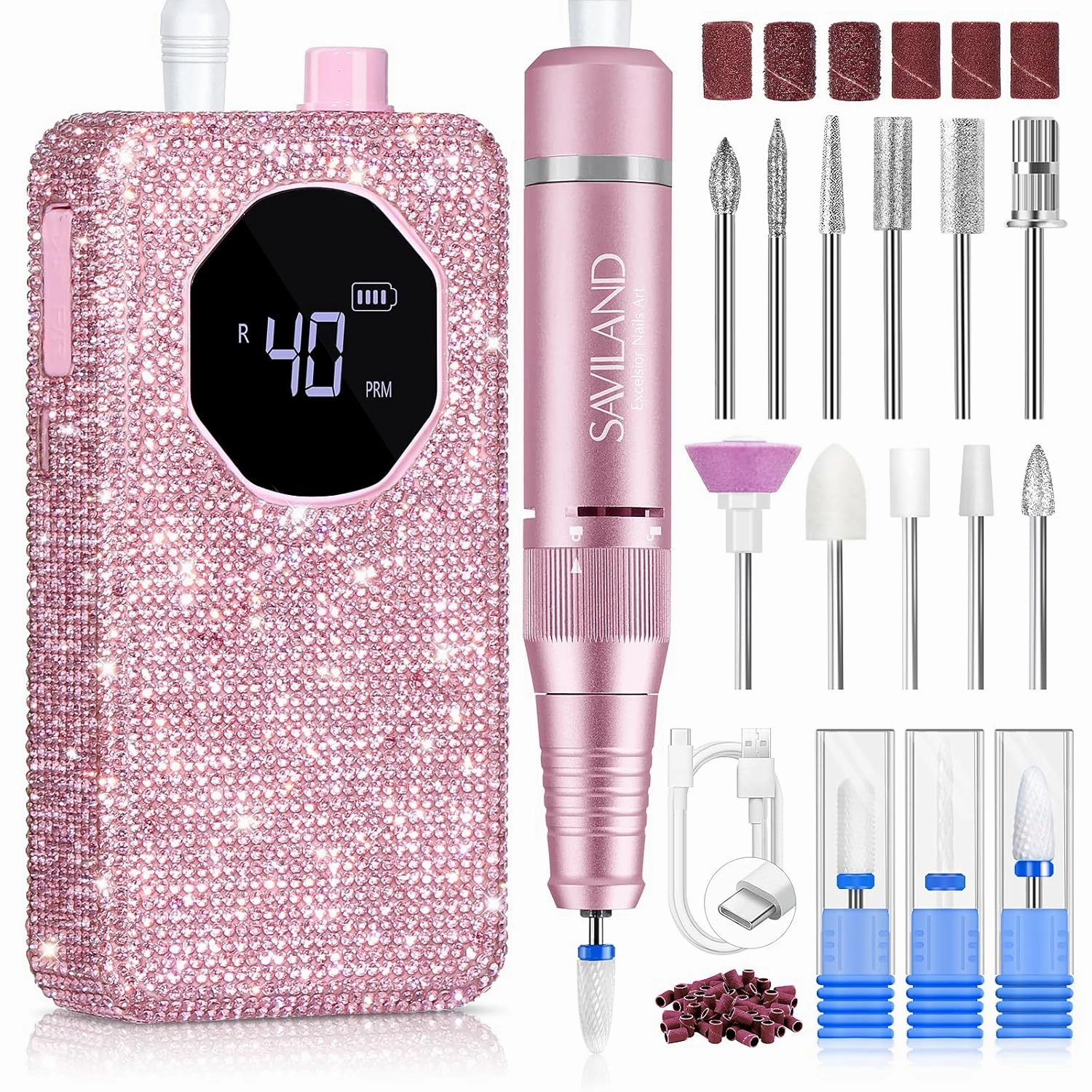 SAVILAND Professional Nail Drill 40000 RPM: Portable Diamond Nail Drill Kit Rechargeable 4000 mAh Electric Nail File for Thick Acrylic Nails with Ceramic Nail D rill Bits Sanding Bands Nail Tech Salon