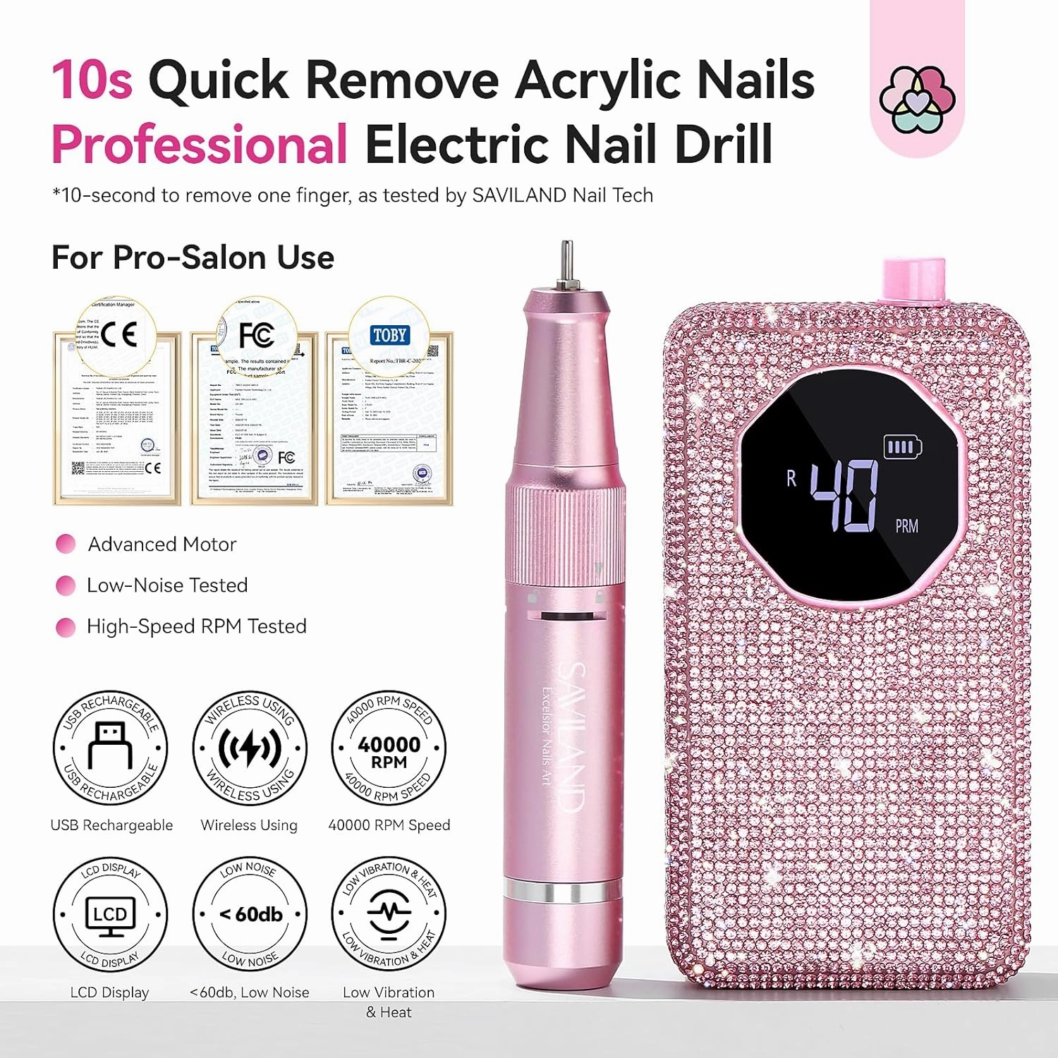 SAVILAND Professional Nail Drill 40000 RPM: Portable Diamond Nail Drill Kit Rechargeable 4000 mAh Electric Nail File for Thick Acrylic Nails with Ceramic Nail D rill Bits Sanding Bands Nail Tech Salon