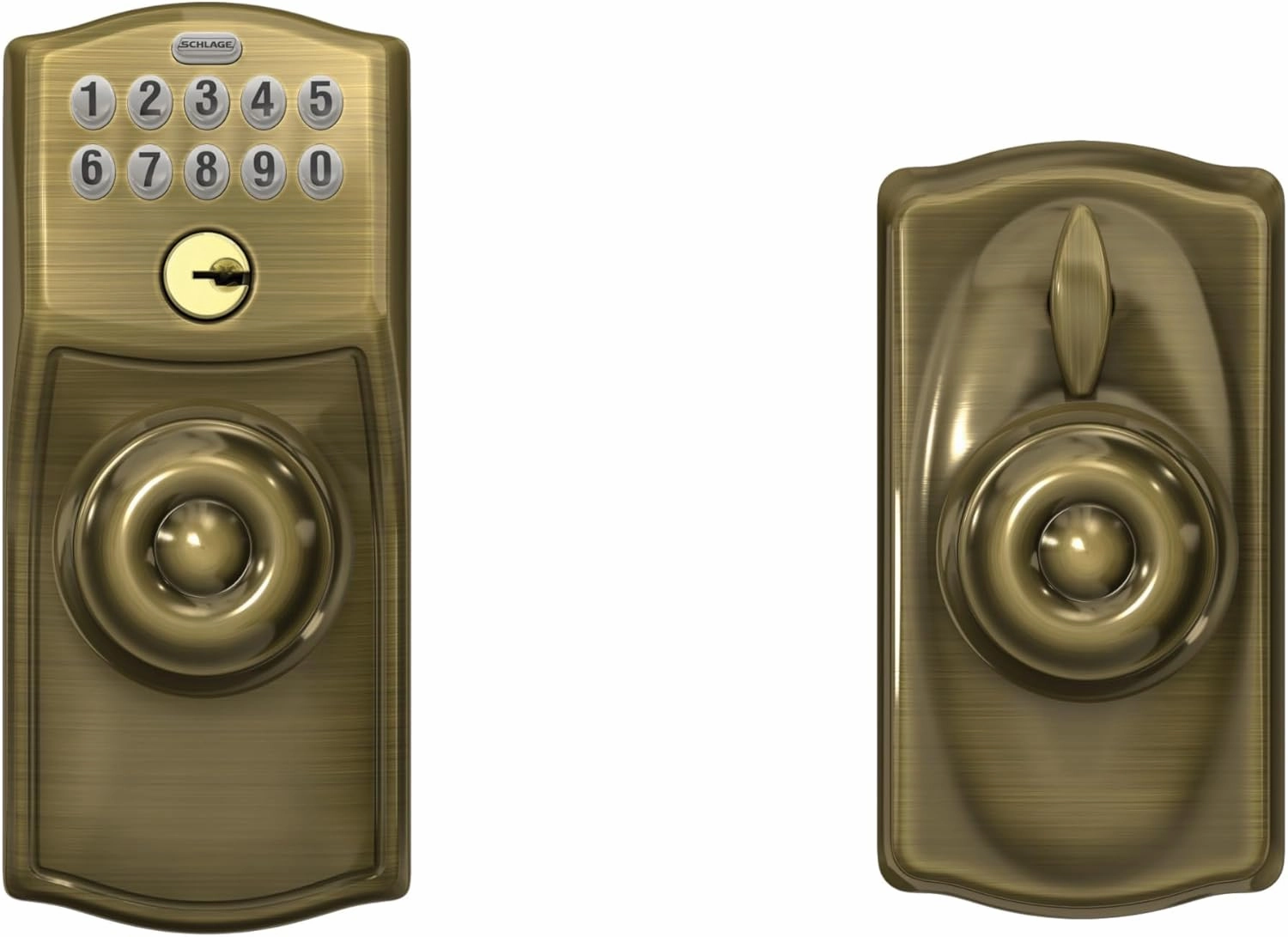 SCHLAGE FE595 CAM 609 GEO Camelot Keypad Entry with Flex-Lock and Georgian Style Knobs, Antique Brass