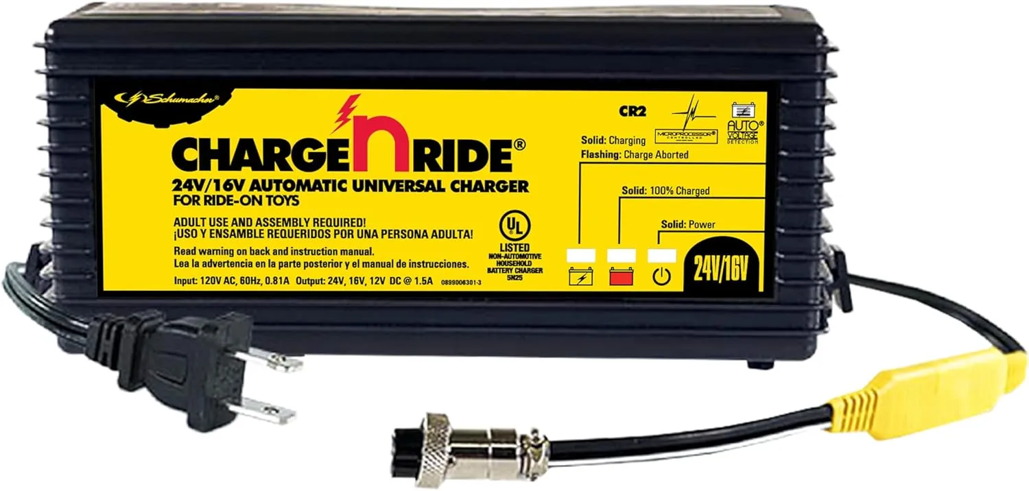 Schumacher Electric Charge 'n Ride Universal Battery Charger and Maintainer for Ride-on Toys, CR2, 2-in-1, Fully Automatic, 1.5 Amps, 16 Volt, 24 Volt, Includes XLR Connector Komex Assembly