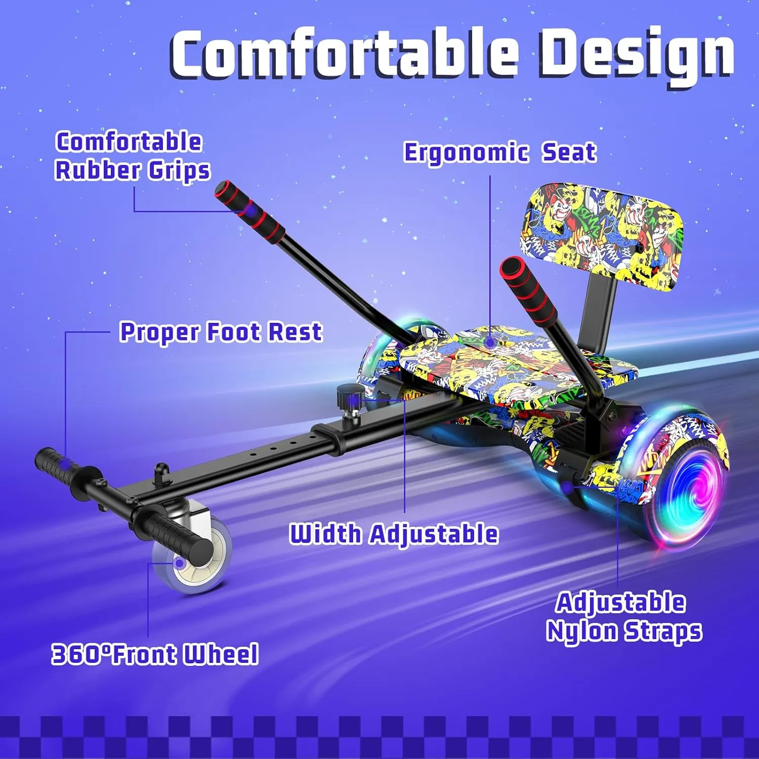 Scooter Seat Attachment Combo with Bluetooth Corlorful LED Lights, Adjustable Frame Length for Kids All Ages