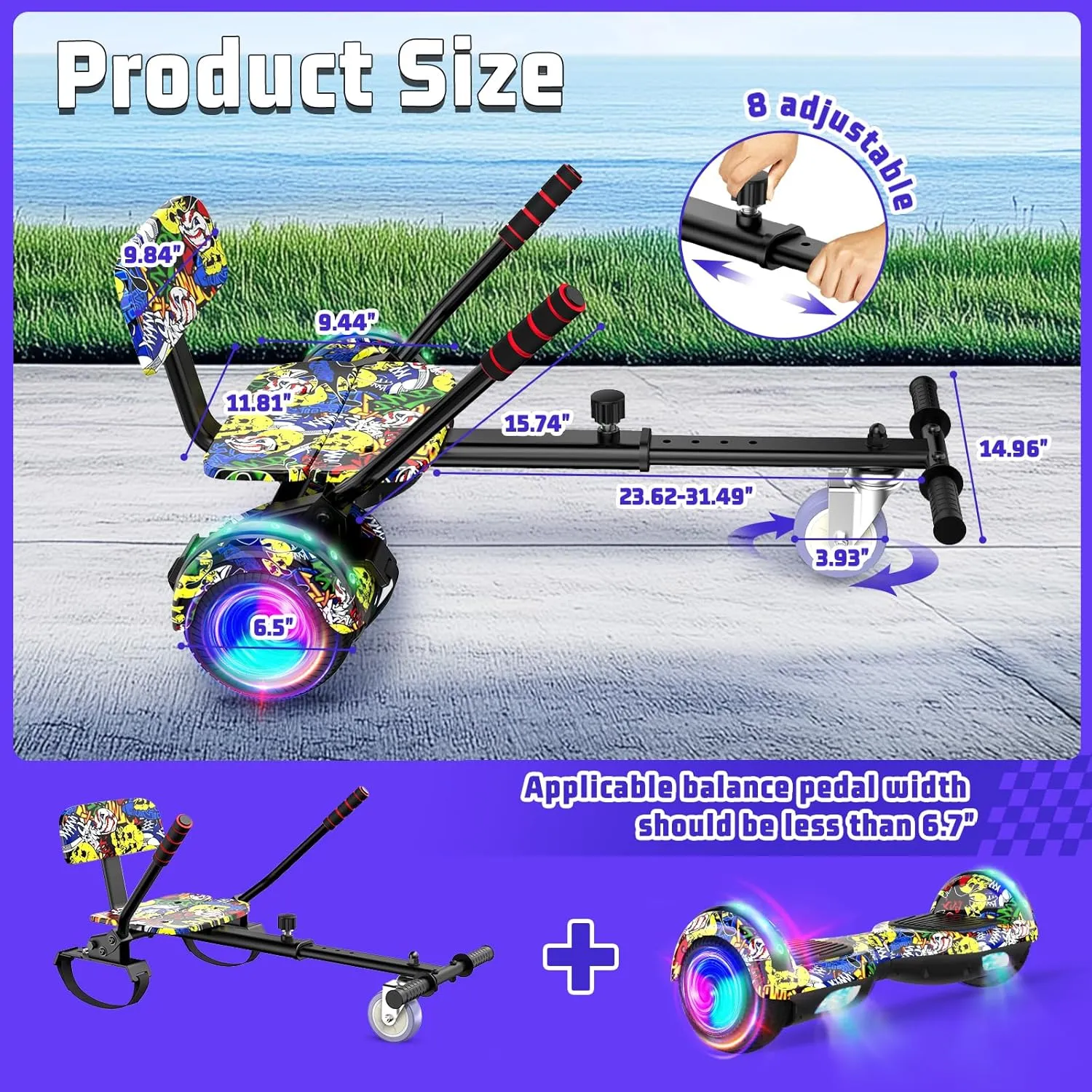 Scooter Seat Attachment Combo with Bluetooth Corlorful LED Lights, Adjustable Frame Length for Kids All Ages