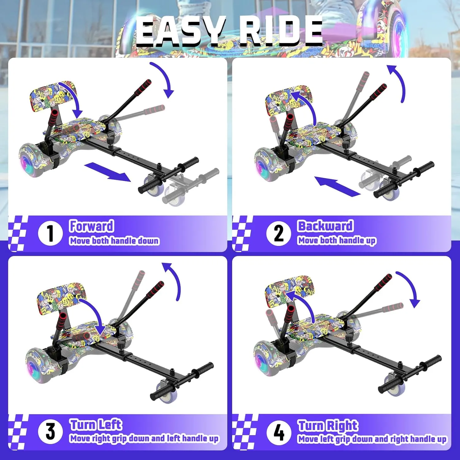 Scooter Seat Attachment Combo with Bluetooth Corlorful LED Lights, Adjustable Frame Length for Kids All Ages