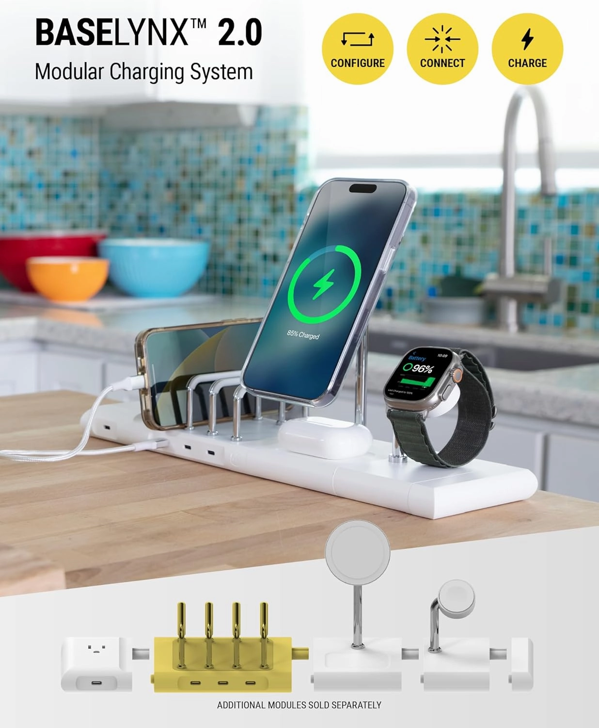 Scosche BL2MD BaseLynx™ 2.0 Vert, 60W USB-C Vertical Charging Station for Multiple Devices, Charger Organizer with 3 PD Fast Charge Ports, Modular System Compatible with Apple iPhone & iPad, White