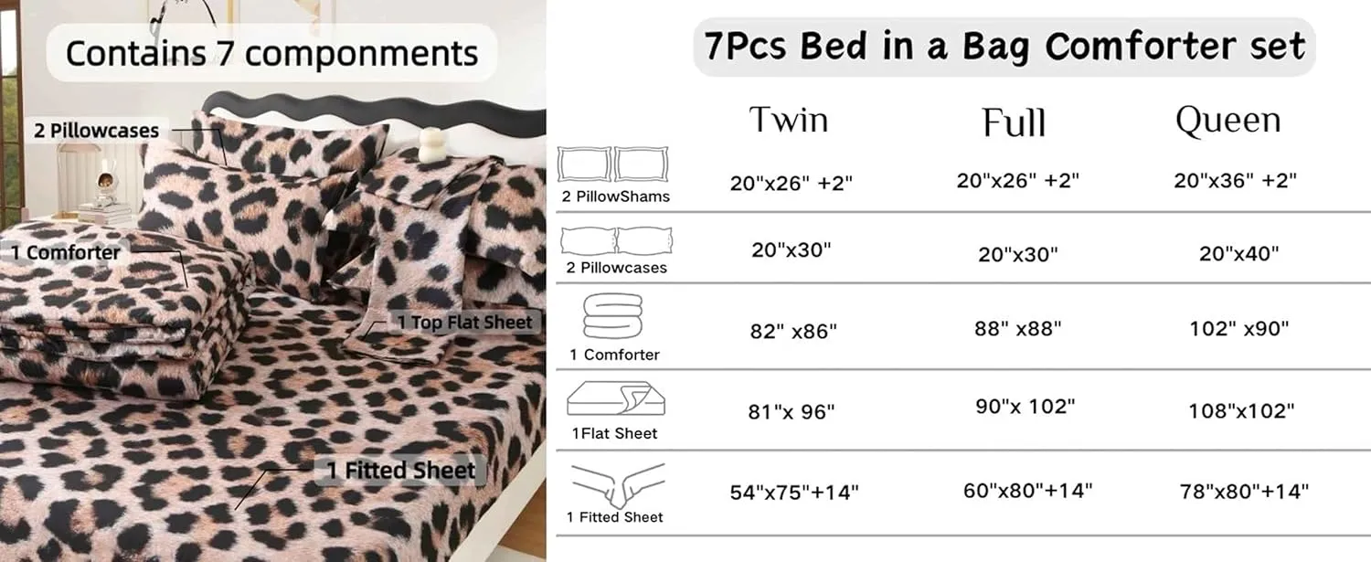 SDY 7PCS Cheetah Print Comforter Set Twin, Soft Leopard Print Comforter, Bed in a Bag Cheetah Bedding for Kids, Toddler, Girls, Boys.Ultra-Realistic Fluffy Look Leopard Bedding