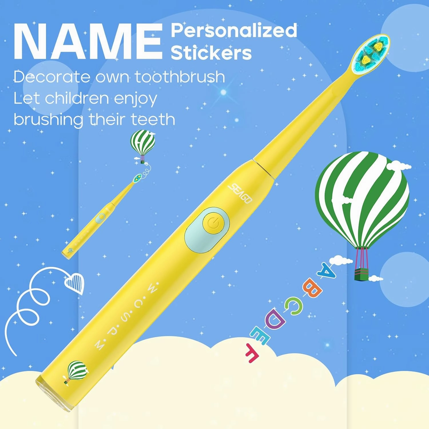 SEAGO Kids Electric Toothbrush, Rechargeable Sonic Soft Bristle Toothbrushes with 8 Brush Heads, DIY Stickers and 5 Modes, Ideal for Kids and Children, Ages 3–12,SG2303(Yellow)