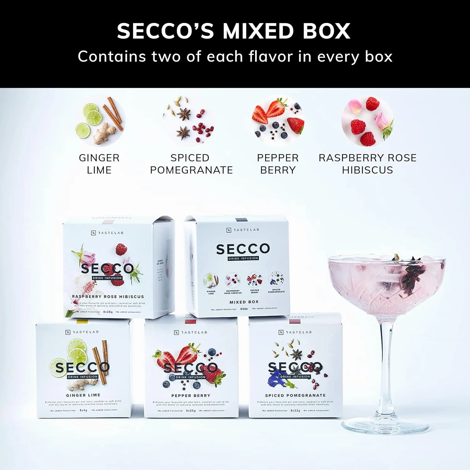 Secco Drink Infusion Signature Variety Box - Pack of 8 Botanical Sachets for Cocktail, Mocktail & Vodka Mixers - Mixologist Standards Alcohol Infusions for All Home Bartending Enthusiasts