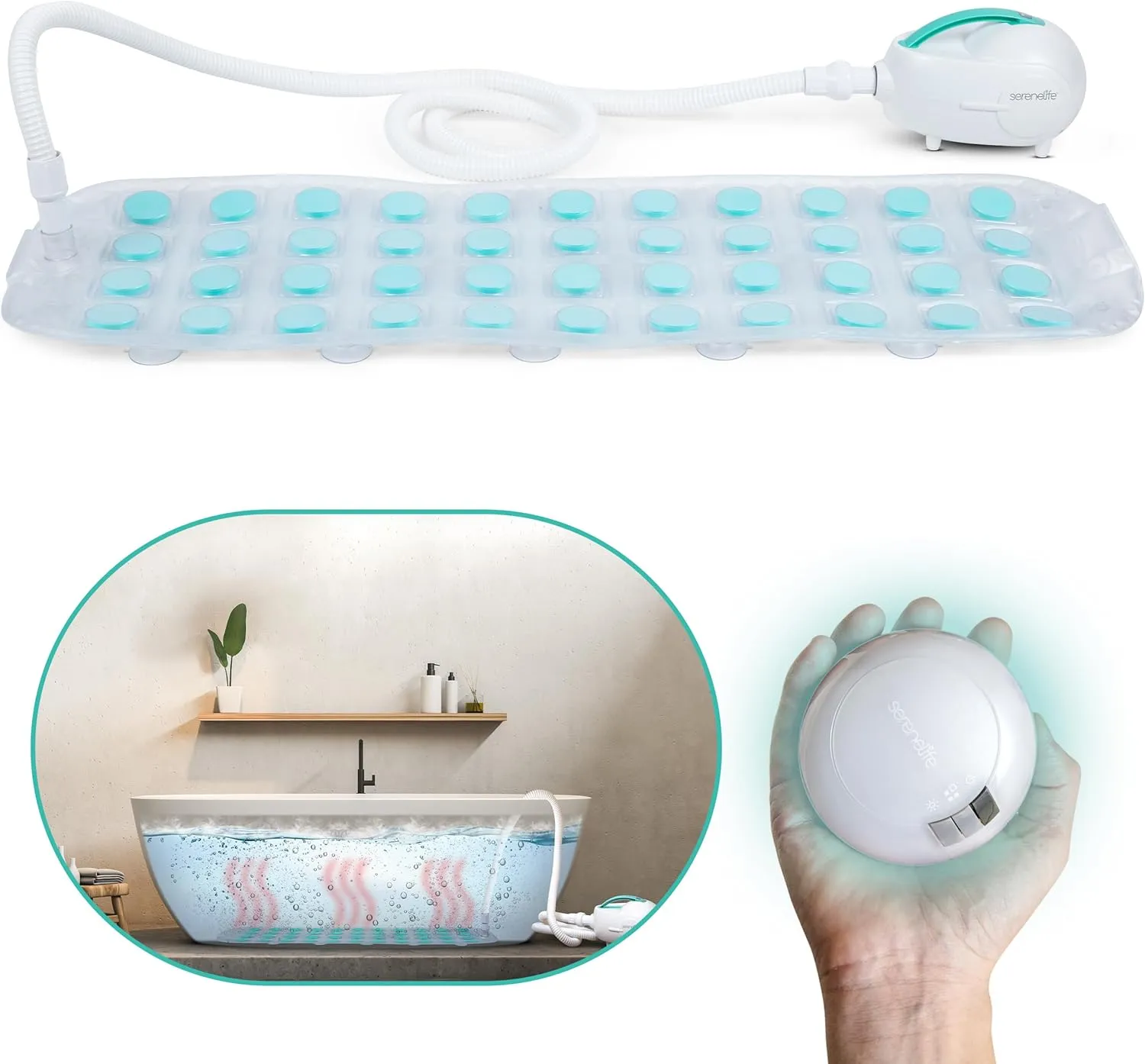 SereneLife Bubble Bath Mat – Portable Spa with Adjustable Intensity, Waterproof LED Light, Pillow & Remote Control for Ultimate Relaxation (Teal)