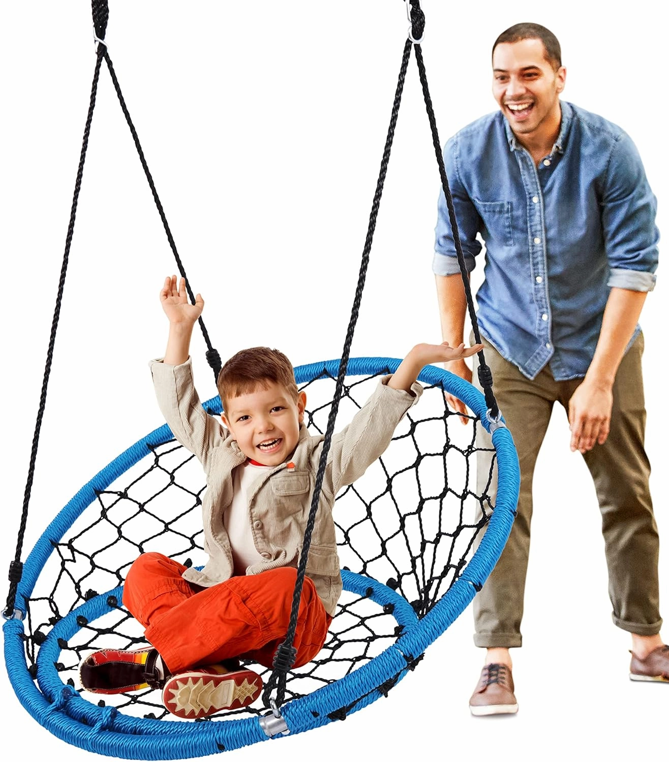 Serenelife Hanging Netted Seat Swing - 35.5" Diameter Kids Indoor Outdoor Round Circle Saucer for Trees or Sets - All-Season UV Resistant Rope Net Seat