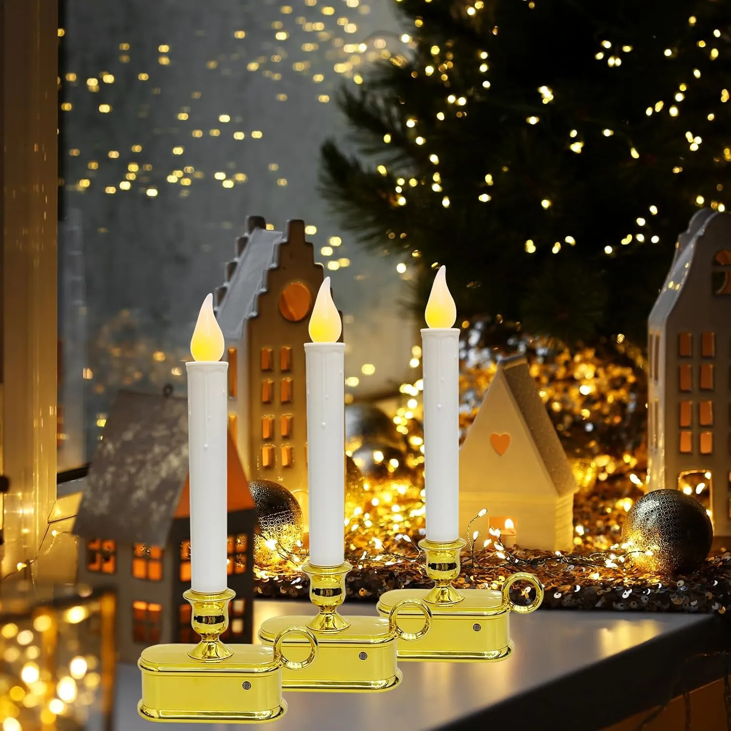 Set of 4 Battery Operated LED Window Candles, Dusk to Dawn Light Sensor, Flicker Flame Christmas Window Candles with Gold Base, 10 Inch Flameless Taper Candles for Table Window Bedroom Christmas Decor