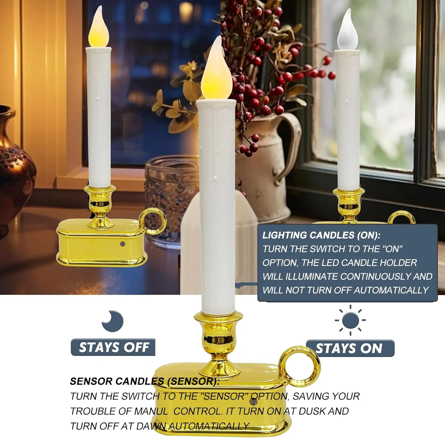 Set of 4 Battery Operated LED Window Candles, Dusk to Dawn Light Sensor, Flicker Flame Christmas Window Candles with Gold Base, 10 Inch Flameless Taper Candles for Table Window Bedroom Christmas Decor