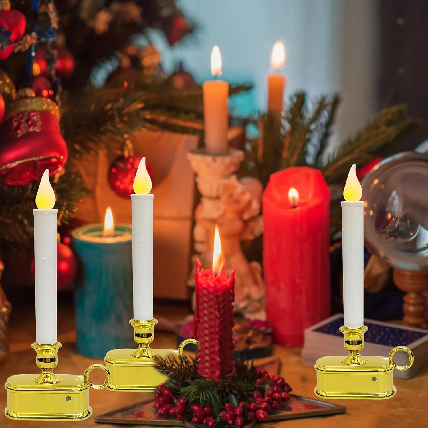 Set of 4 Battery Operated LED Window Candles, Dusk to Dawn Light Sensor, Flicker Flame Christmas Window Candles with Gold Base, 10 Inch Flameless Taper Candles for Table Window Bedroom Christmas Decor