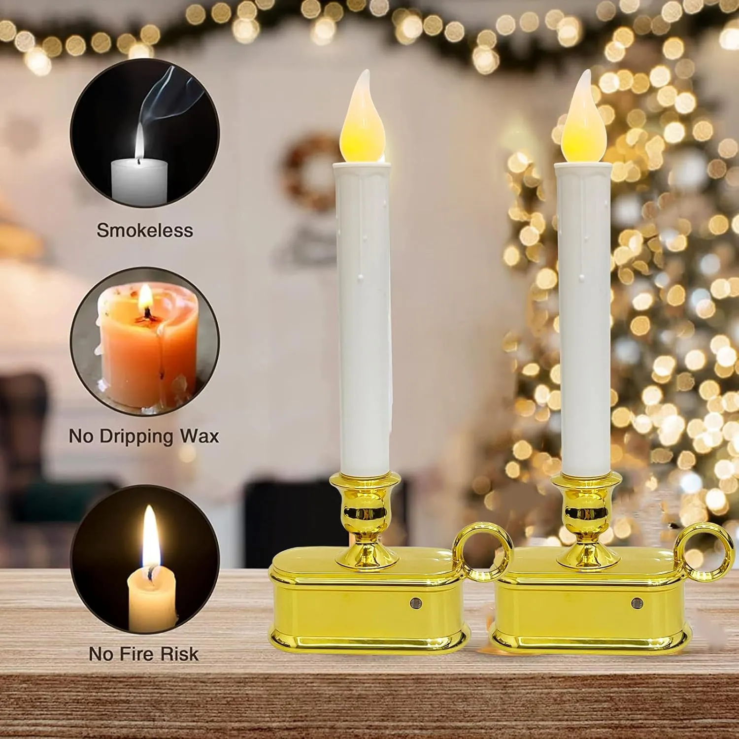 Set of 4 Battery Operated LED Window Candles, Dusk to Dawn Light Sensor, Flicker Flame Christmas Window Candles with Gold Base, 10 Inch Flameless Taper Candles for Table Window Bedroom Christmas Decor