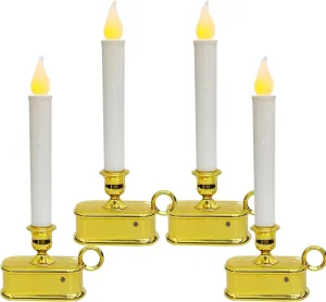 Set of 4 Battery Operated LED Window Candles, Dusk to Dawn Light Sensor, Flicker Flame Christmas Window Candles with Gold Base, 10 Inch Flameless Taper Candles for Table Window Bedroom Christmas Decor