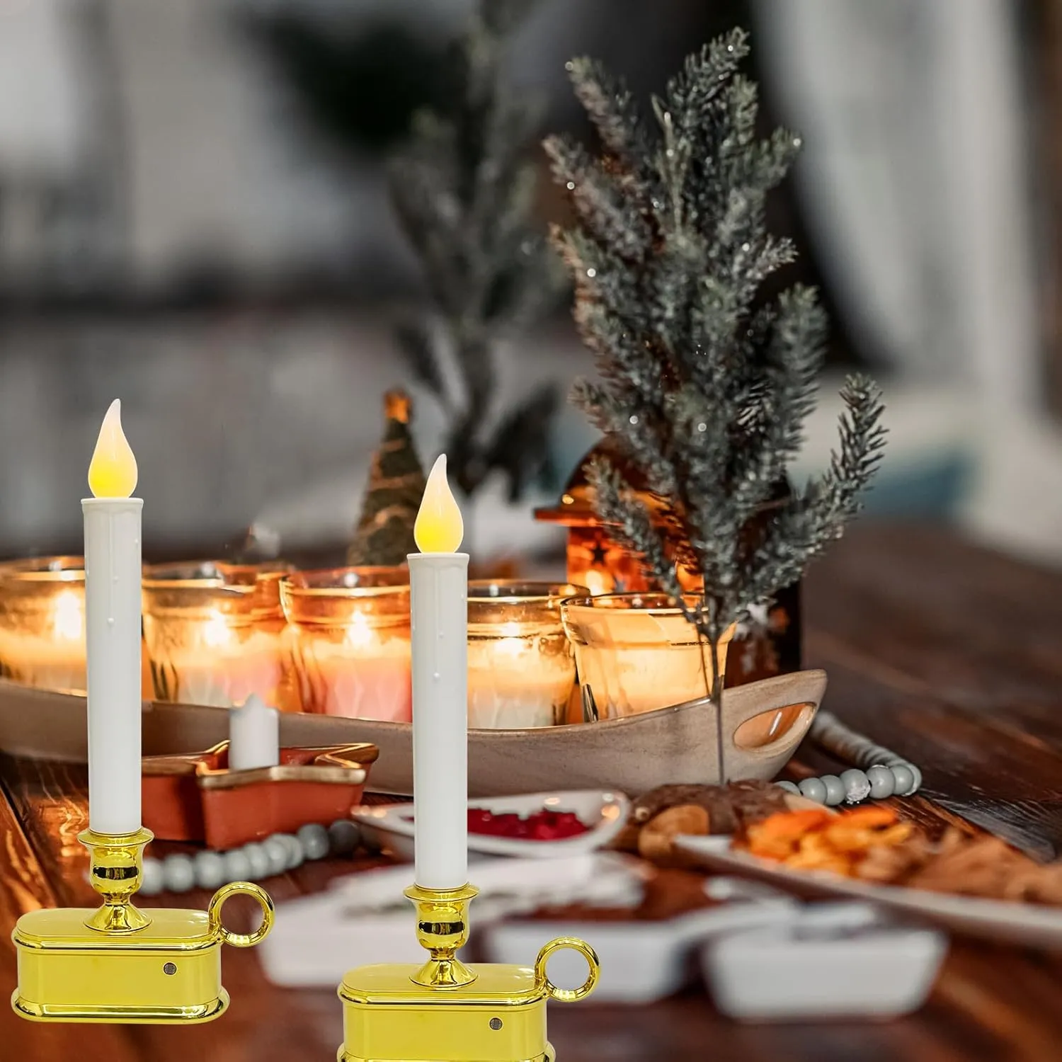Set of 4 Battery Operated LED Window Candles, Dusk to Dawn Light Sensor, Flicker Flame Christmas Window Candles with Gold Base, 10 Inch Flameless Taper Candles for Table Window Bedroom Christmas Decor