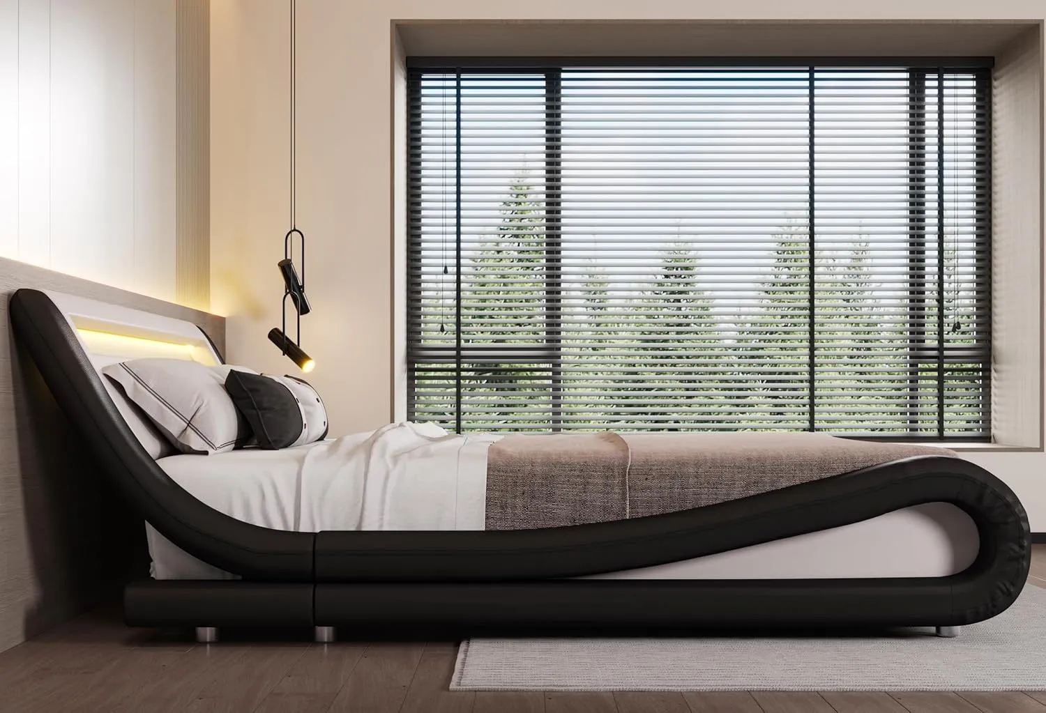 SHA CERLIN LED King Deluxe Upholstered Bed Frame with Adjustable Headboard - Low Profile Sleigh Design, Strong Wood Slats Support, No Box Spring Needed, Black and White