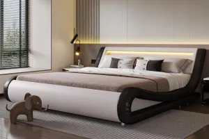 SHA CERLIN LED King Deluxe Upholstered Bed Frame with Adjustable Headboard - Low Profile Sleigh Design, Strong Wood Slats Support, No Box Spring Needed, Black and White