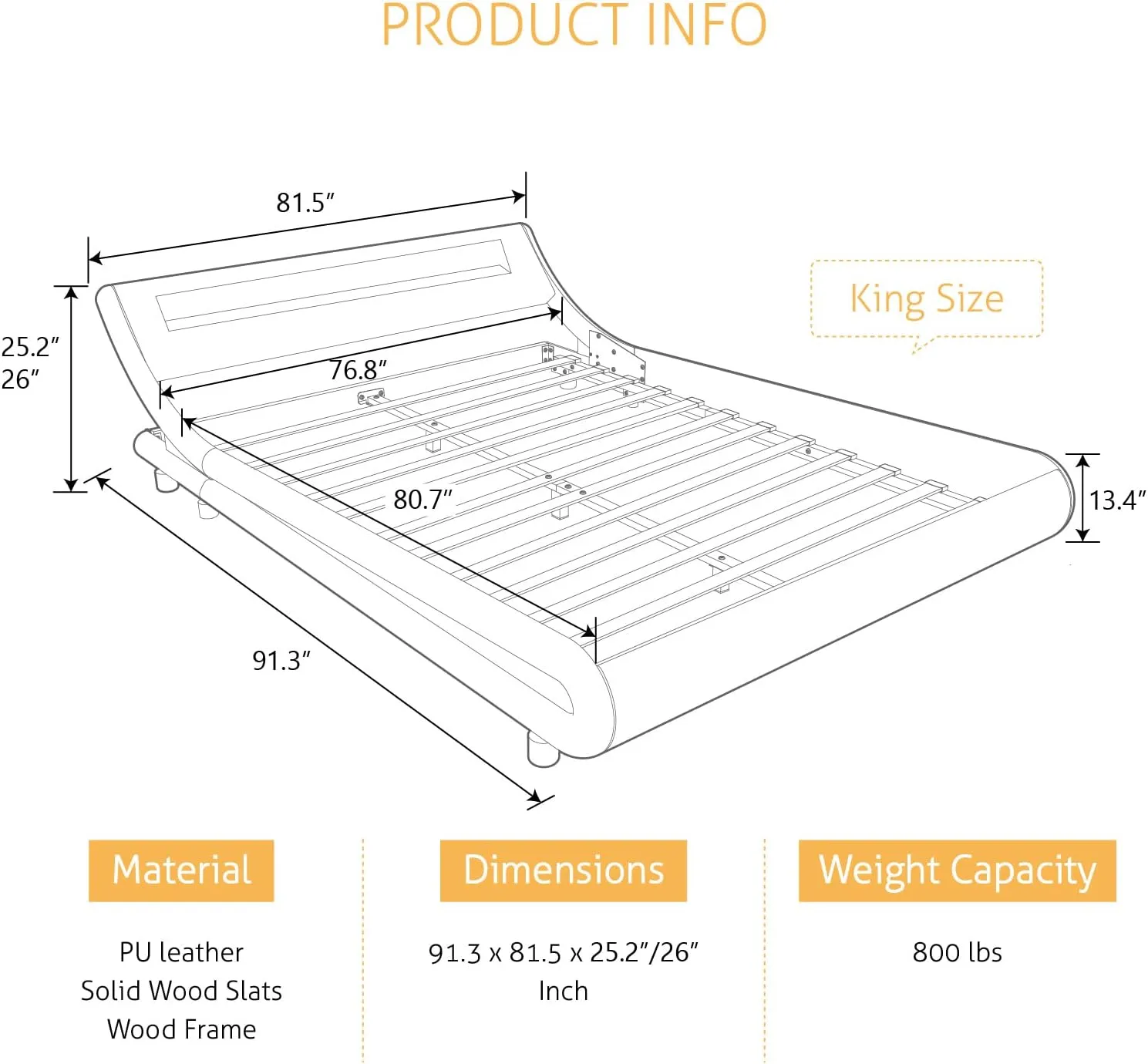 SHA CERLIN LED King Deluxe Upholstered Bed Frame with Adjustable Headboard - Low Profile Sleigh Design, Strong Wood Slats Support, No Box Spring Needed, Black and White